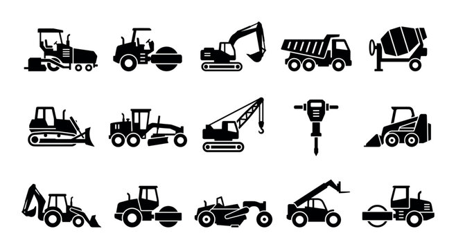 Construction and heavy machinery vector icons with excavator, bulldozer and crane for web design in solid glyph style