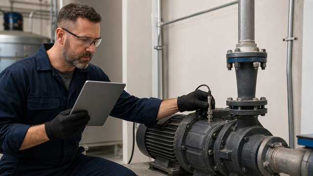 Engineer verifying AI predictive maintenance data on tablet in factory, widescreen