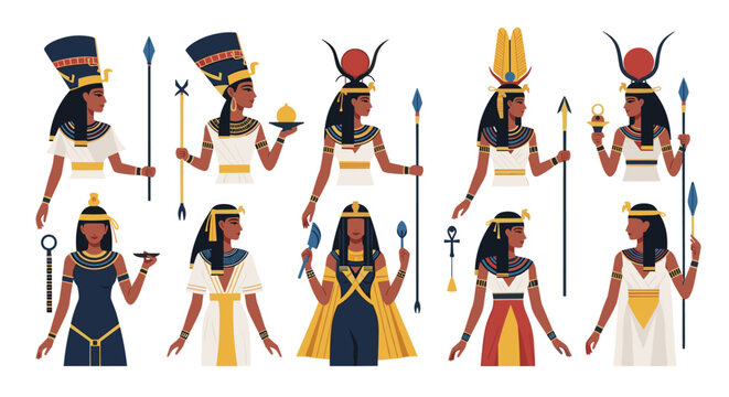 Collection of elegant ancient Egyptian queens and goddesses holding traditional scepters, historic vector art.