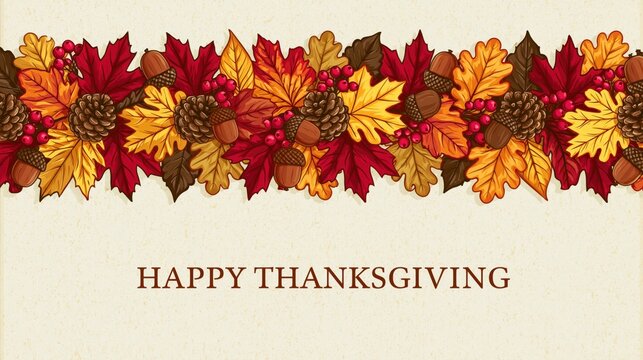 Rustic Happy Thanksgiving Card Featuring Hand Drawn Autumn Foliage Border with Acorns Pinecones and Berries on Textured Vintage Paper Background