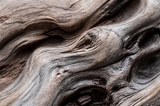 Weathered driftwood displaying twisted grain patterns in closeup