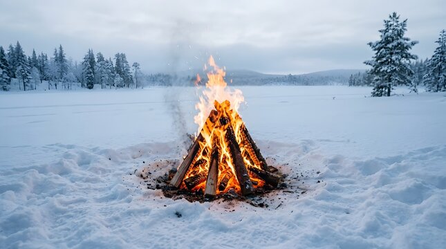 A bright campfire burning in the middle of a snowy landscape during a cold winter day