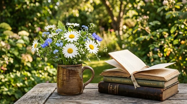 A rustic bouquet of wildflowers in a metal pitcher next to a stack of old books outdoors