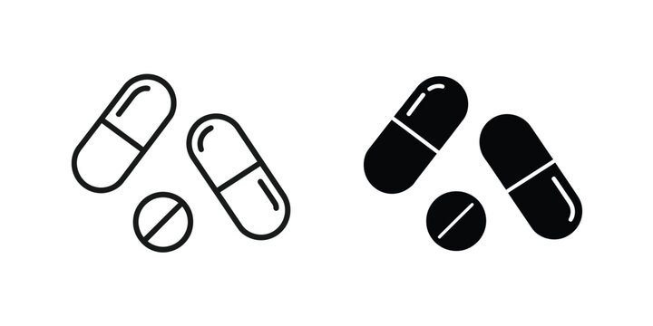 Medical pills icon set, outline and solid medicine capsule symbols for healthcare