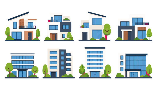 Set of modern house and apartment building facade vectors