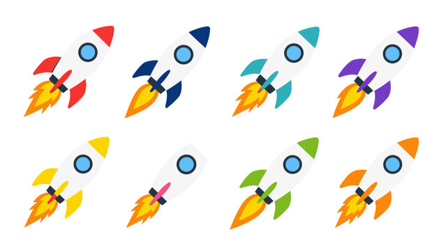 Set of colorful cartoon rocket icons in flat vector style