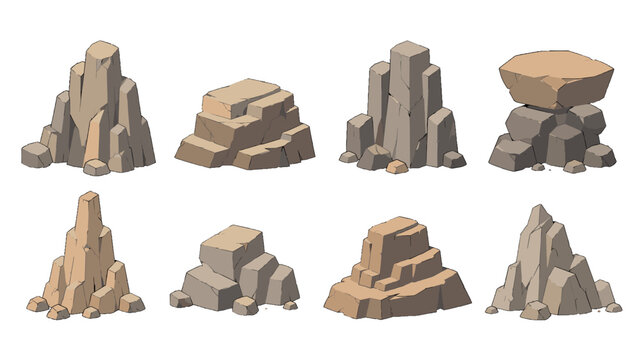 Set of stylized rock formations and stone cliff elements