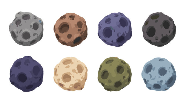 Set of colorful cratered asteroid or moon vector illustrations