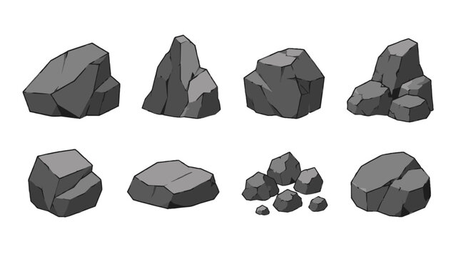 Set of gray low poly rock formations and stone boulders