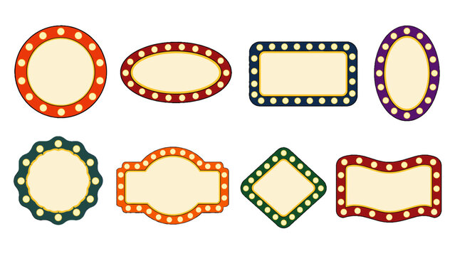 Set of colorful retro marquee frames with glowing bulb borders
