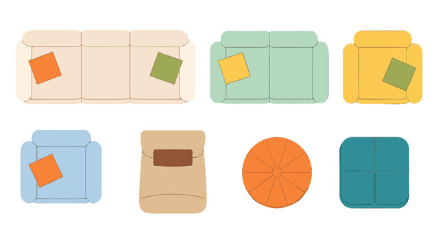 Top view set of colorful sofa and armchair furniture icons
