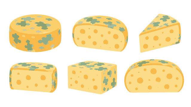 Set of cartoon cheese blocks and slices with rind spots
