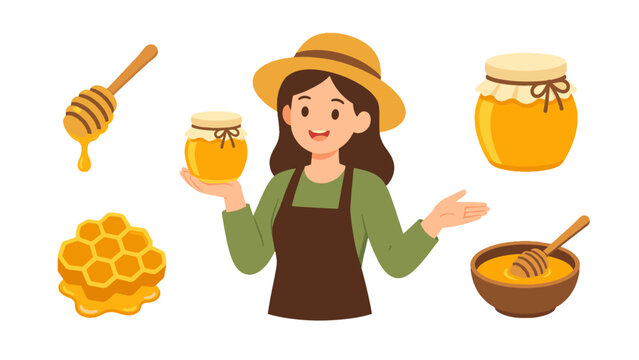 Woman beekeeper with honey jars and dipper vector illustration