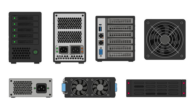 Set of server and computer hardware views in vector style
