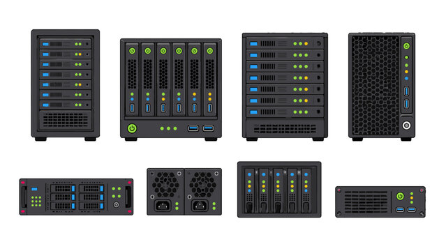 Set of server and network storage unit vector icons