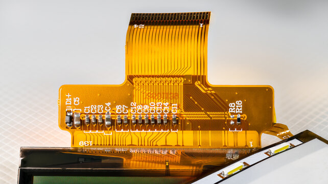 Flexible printed circuit, mobile or tablet LCD screen and interface with LED diodes for backlight. Flex connector and electronic components for surface mount on plastic membrane with white background.