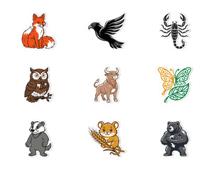 Obraz premium Set of nine illustrated animal character stickers including fox, owl, bull, eagle, and bear for creative graphic design.