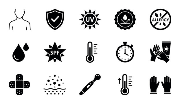 Skin care and health concept icons with thermometer, sunscreen and gloves for medical infographic in solid glyph style