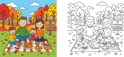 Fototapeta premium Happy family picnic in autumn park Thanksgiving celebration illustration and coloring page line art vector set