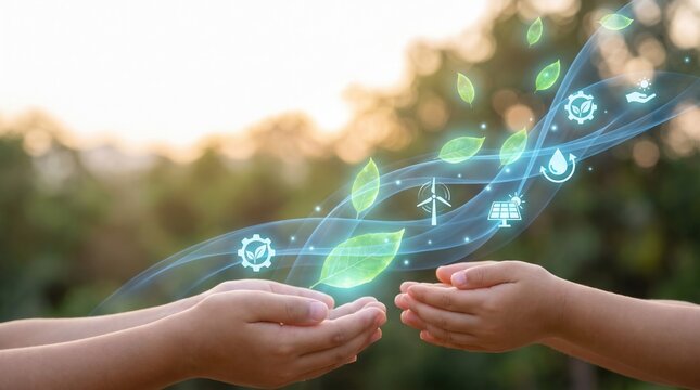 Two pair of hands holding green glowing leaves and environmental icons for sustainable technology concept.