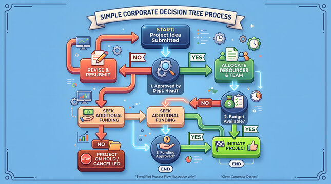 Simple Corporate Decision Tree Process Flowchart Illustration