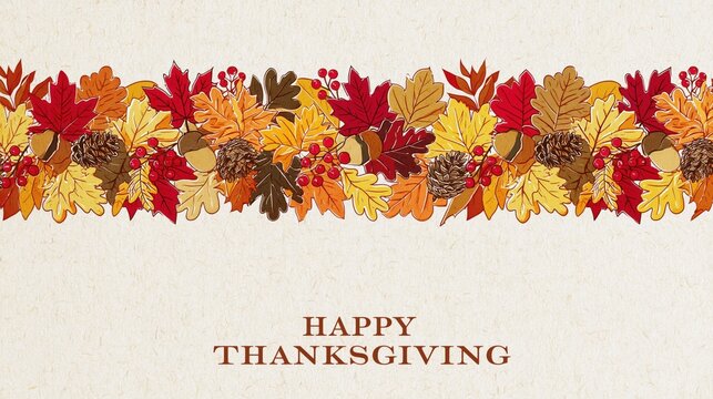Rustic Happy Thanksgiving Card Featuring Hand Drawn Autumn Foliage Border with Acorns Pinecones and Berries on Textured Vintage Paper Background