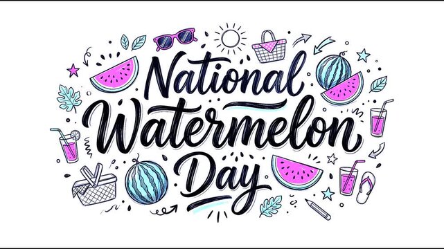 National Watermelon Day Doodle Vector Illustration: Hand-Drawn Summer Picnic Elements, Juicy Watermelon Slices, Fresh Juice Glasses, Picnic Baskets, and Sunglasses Icons
