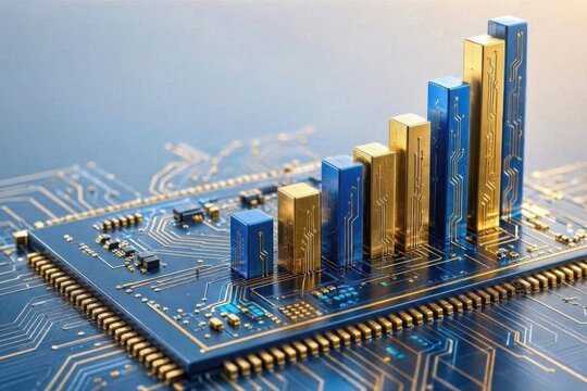 Macro close-up of a microchip morphing into a 3D bar chart symbolizing technological innovation and growth.