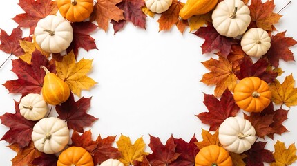 Fototapeta premium Festive halloween background frame made with colorful autumn maple leaves and assorted decorative pumpkins on white surface space