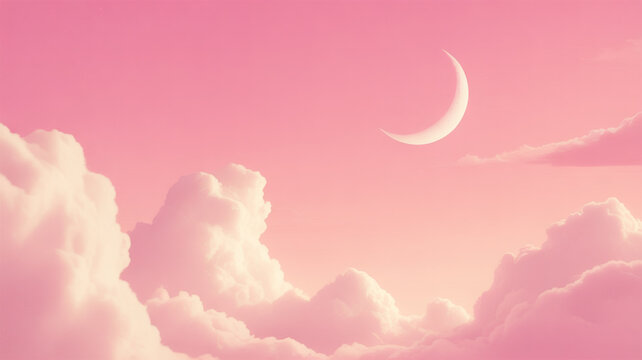 Close-up view of a full moon rising behind fluffy white clouds in a soft pink evening sky with night sky cloudy sky lunar surface cloud formation