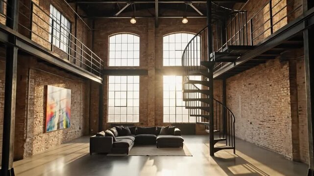 Modern industrial loft living room with double height ceiling and metal spiral staircase
