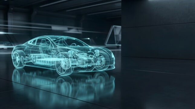 Futuristic transparent electric sports car wireframe with glowing blue holographic engineering design and advanced technology