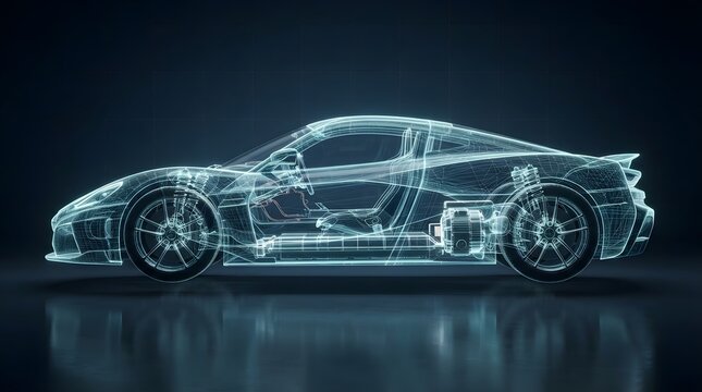 Futuristic transparent electric sports car wireframe with glowing blue holographic engineering design and advanced technology