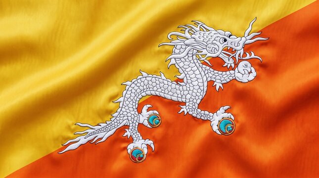 3D render of waving silk national flag of Bhutan isolated on white background
