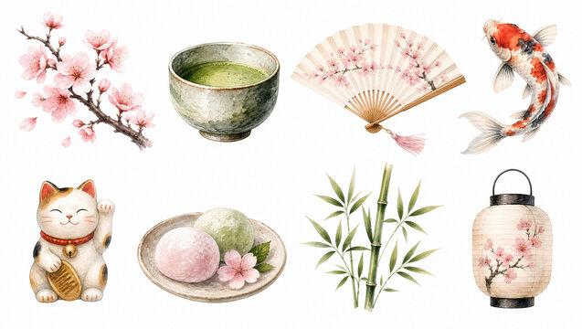 Watercolor Japanese culture clipart set with cherry blossom, matcha, koi fish and lucky cat. Illustration isolated on white surface for design