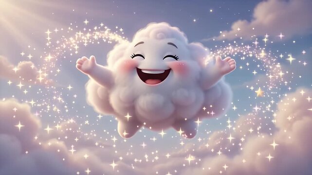 Whimsical cartoon cloud character with a big happy smile, floating in a pastel sky with soft light and stars
