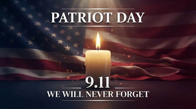 Patriot day 911 memorial image featuring a lit candle against a backdrop of the american flag with the text we will never forget