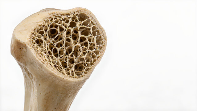 Osteopenia bone cross section with thinned trabeculae, photorealistic medical education image on white clinical background with copy space for healthcare, radiology, and patient communication