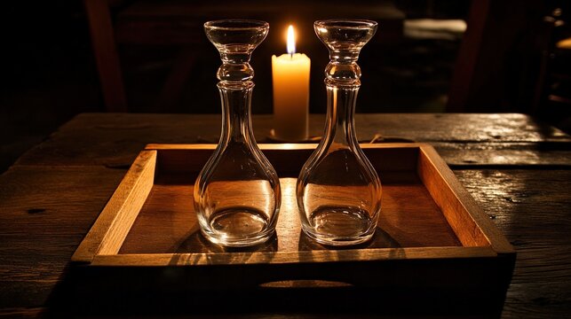 cruets. A pair of glass cruets on a wooden tray reflecting warm candlelight. bar promotions, beverage menus, designed for product packaging and bar promotions, used by curriculum designers.