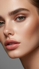 Naklejka premium Natural beauty portrait featuring flawless dewy skin soft makeup radiant youthful elegance today