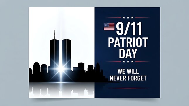 911 patriot day memorial graphic with twin towers silhouette and american flag