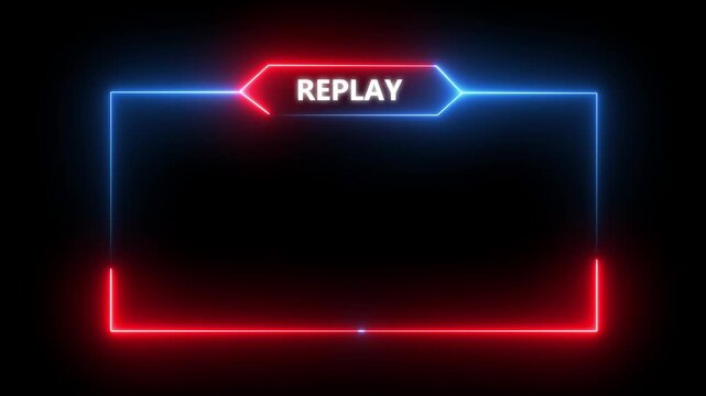 Modern Neon Replay Frame Animation, Glowing Blue  and red Box Border for Streamers,  Looped Motion Graphic Video Isolated on Transparent Background for Replay Concept.