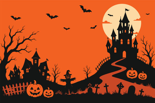 Spooky halloween background vector illustration featuring a haunted castle silhouette with a full moon and flying bats on an orange sky