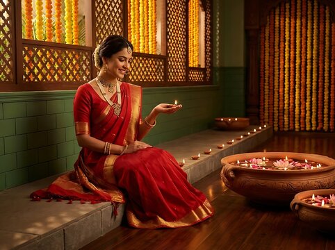 Indian woman in traditional red saree holding a diya lamp during diwali festival