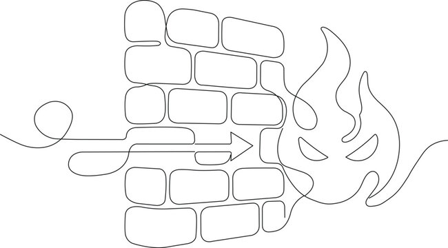 Minimalist one line illustration of firewall protecting network from cyber threats and malicious attacks