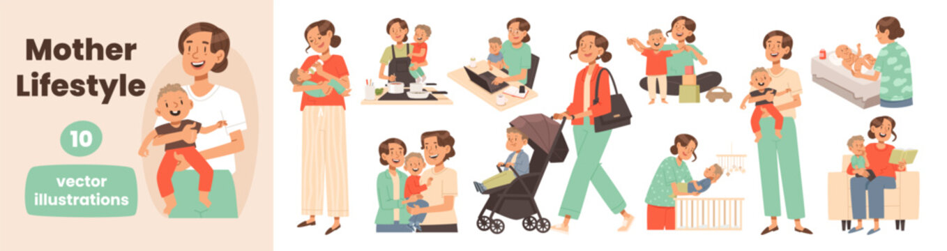 Mother lifestyle vector illustration set. Mom Caring for baby, parenting, family life, childcare, work from home and daily activities collection
