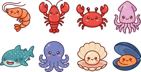 Fototapeta premium Cute Sea Animal Character Set with Kawaii Shrimp, Lobster, Crab, Squid, Shark, Octopus, Clam, and Mussel for Ocean Designs