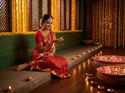 Indian woman in traditional saree holding diya for diwali festival celebration