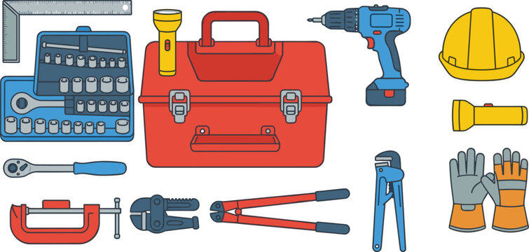 Construction Tools and Safety Equipment Collection in Vector Illustration Set
