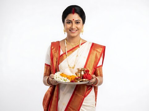 Indian woman in traditional saree holding a puja thali isolated on white background